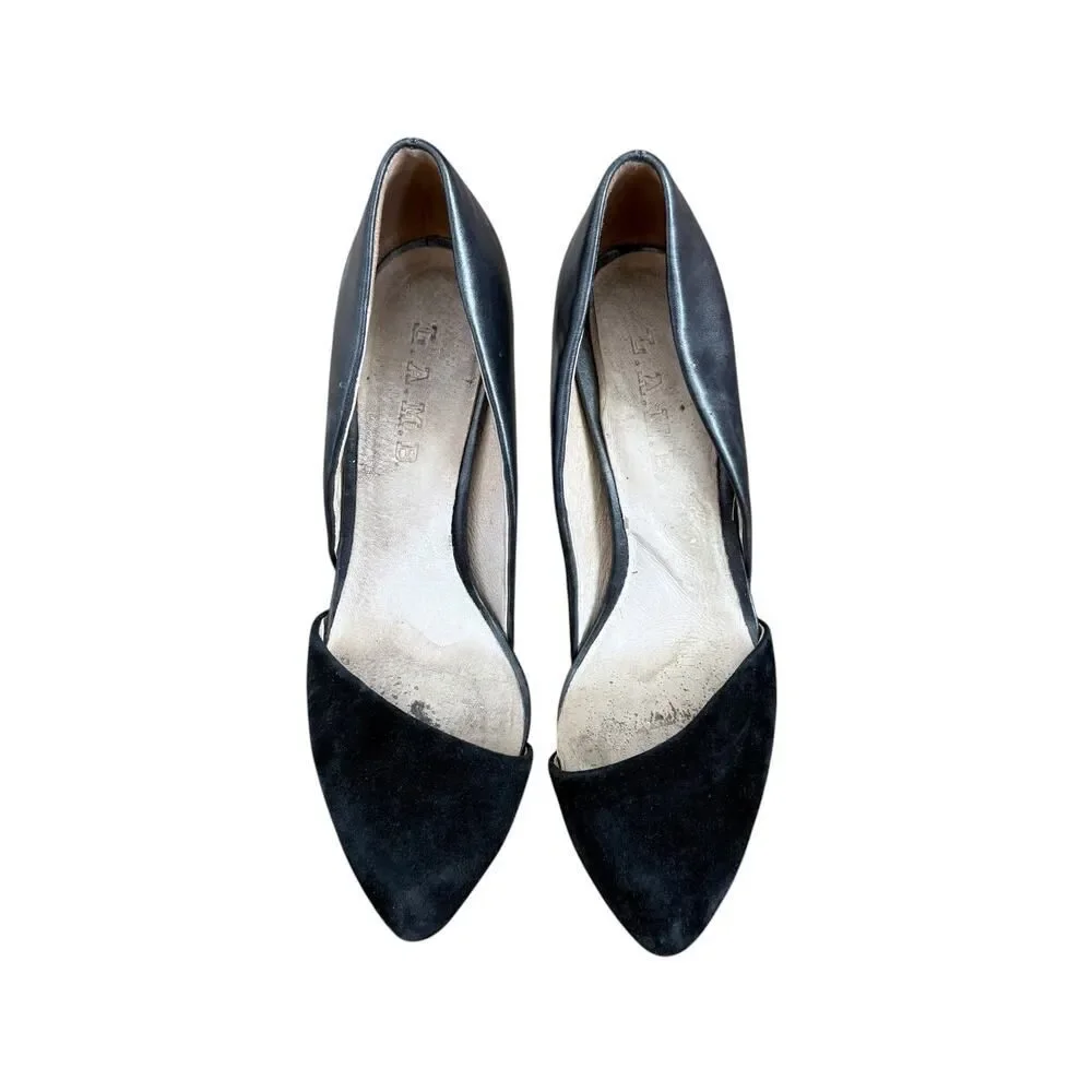L.A.M.B. LAMB Heels Black Leather Suede Pointed Toes Shoes Womens 7.5M